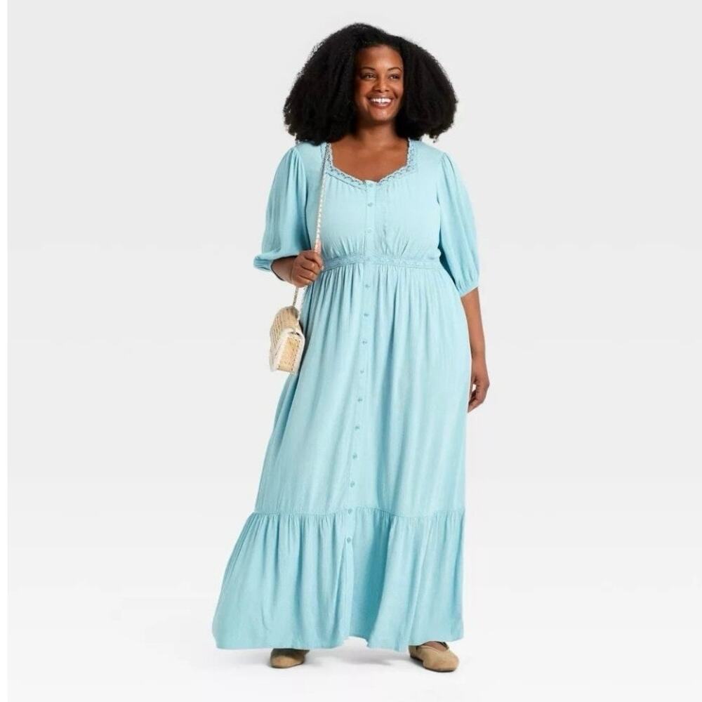 Ava & Viv Blue Lace Trim Maxi Dress 2X NWT